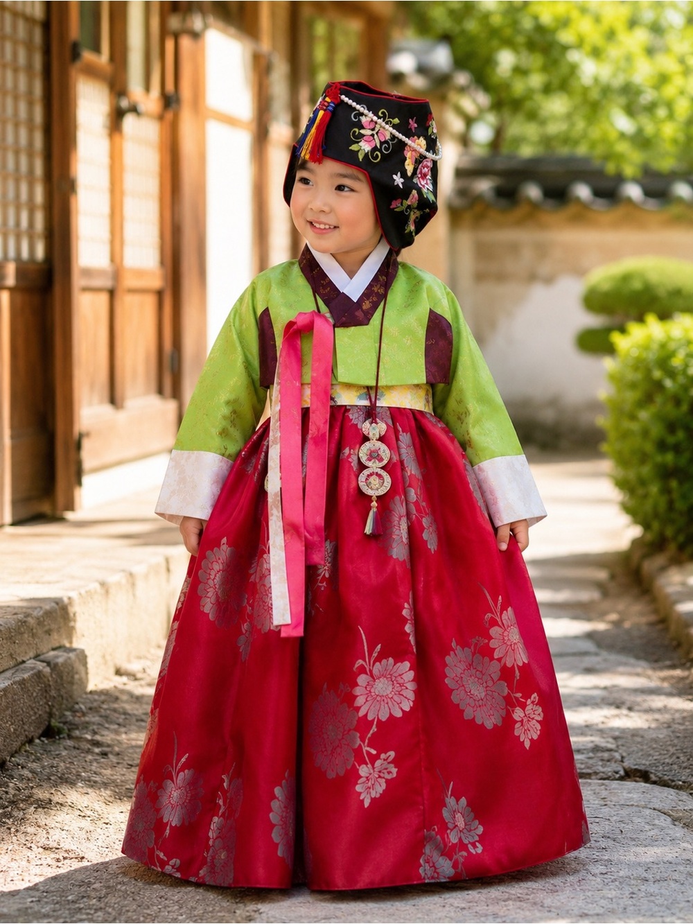 Korean Hanbok Dress & Jobawi Hat Set Girls Traditional Formal Outfit